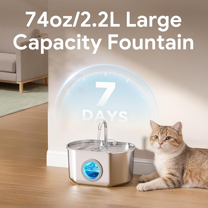 Cat Water Fountain Stainless Steel: 74oz/2.2L Cat Fountain for Drinking | Pet Water Fountain Inside - Automatic Dog Watering Dispenser Bowl - Pet Feeding & Watering Supplies - Image 5