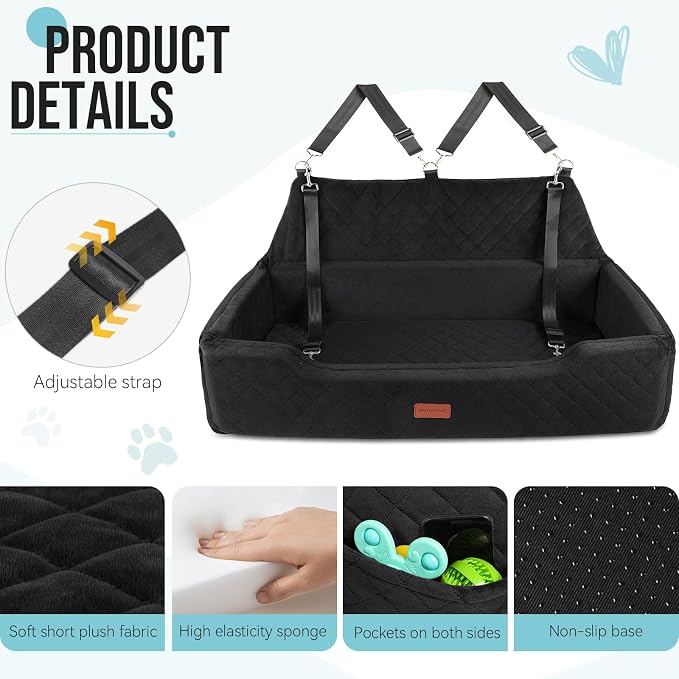 HEGGCOOE Large Dog Car Seat Under 100 lbs, Washable Dog Car Bed for 2 Medium Dogs, Detachable Pet Booster Seat with Storage Pocket and Seat Belt for Back Seat Dog Travel Bed - Image 3