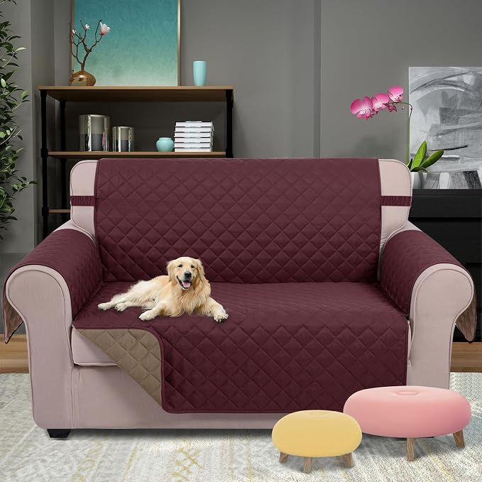 U-NICE HOME Loveseat Sofa Cover for 2 Cushion Couch, Burgundy/Tan | 45''Loveseat Cover Washable, Pet Friendly, Elastic Straps, Water Repellent, Furniture Protector for 2 Cushion - Image 2