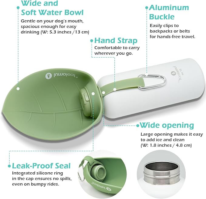 LumoLeaf Insulated Dog Water Bottle 27 oz Stainless Steel - Keep Water Cool or Warm, Portable Pet Water Bowl for Travel, Wide Mouth for Easy Ice Filling & Cleaning (Green, 27 oz) - Image 6