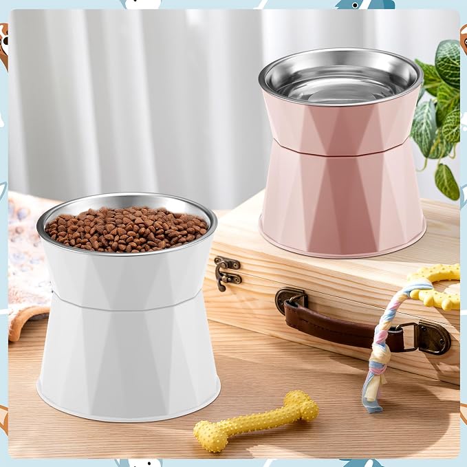 Lallisa 2 Pcs Elevated Cat Bowls Adjustable Raised Cat Feeder Non Slip Food Water with Stand Safe Stainless Steel Bowls with Pet Food Stand for Pets Feeding Eating(Pink, White) - Image 4