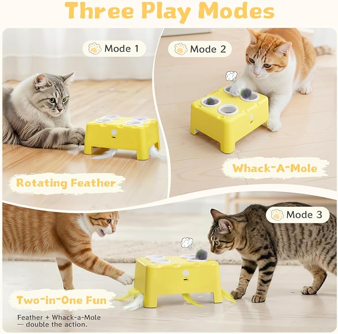 Interactive Cat Feather Toy Cheese Box 3in1 Whack a Mole | 3 Play Modes, Paw-Safe 4 Hole Whack-a-Mole, Anti-Slip Base, 4 Interchangeable Accessories, USB Rechargeable Auto Cat Toy - Image 3