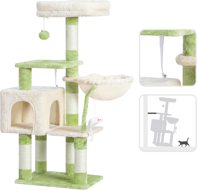 Heybly Cat Tree with Toy, 43.3 inch Cat Tower for Indoor Cats HCT004SGM | Cat Condo with Durable Sisal Scratching Posts, Cat House with Padded Plush Perch, Cozy Hammock, Green and Beige - Image 4