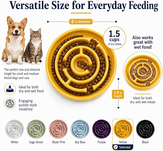 Ceramic Slow Feeder Dog Bowl, 1.5 Cup Puzzle Dish for Small Medium Dogs | Glazed ceramic maze bowl with 1.5-cup capacity for dry or wet food, sized for small and medium dogs - Image 2