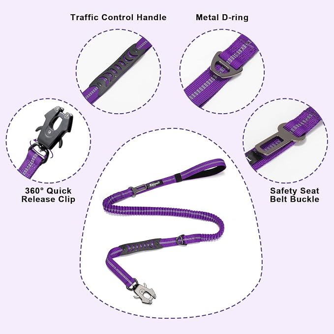 Raipult Tactical Shock Absorbing Bungee Dog Leash Heavy Duty, 4-6ft, Purple | for Large Dogs That Pull, Quick-Release Frog Clip, Dual Handles for Close Control, Car Seat Belt Clip, Reflective at Night - Image 3