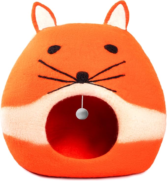 Luxurious Merino Wool Cat Cave - Foldable Hideaway Pod for Indoor Cats - Premium Felt Kitten Pet Enclosure - Covered Cat House for Ultimate Cozy Comfort by Woolygon (Fox) by Woolygon