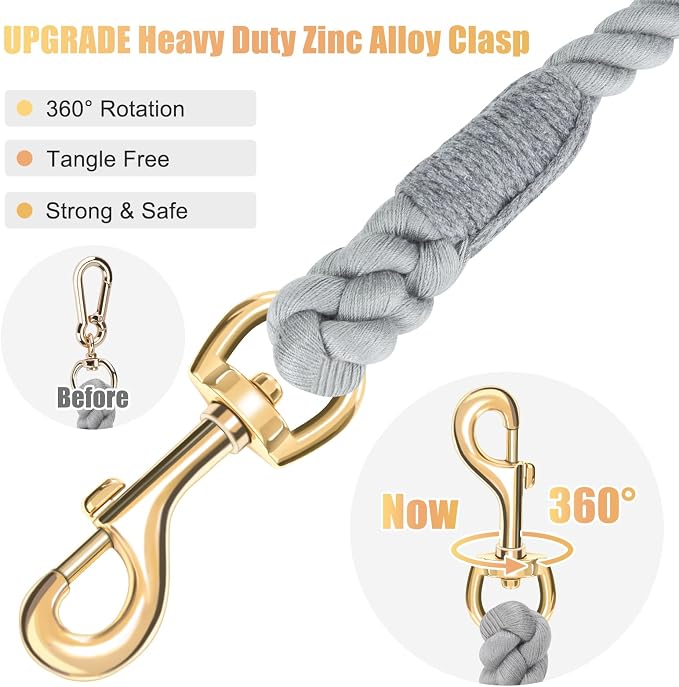 6 FT Handmade Rope Dog Leash for Small Medium and Large Dogs | Soft and Comfortable Grip, New Golden Heavy Duty Metal Clasp, Grey - Image 4