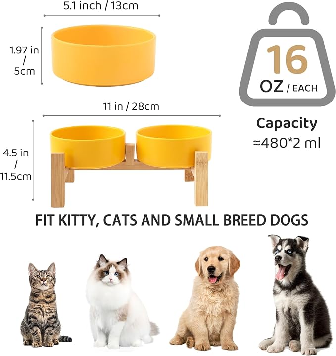 Elevated Ceramic Dog Bowl Set - Raised Dog Bowls with Non Slip Bamboo Stand, Food and Water Bowl Set for Kitty, Cats and Toy Breed Dogs, Pet Bowls, Dogs Dishes (5.1'', 2 * 16OZ, Yellow) - Image 3