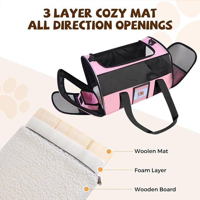 Cat Carrier Soft with Detachable Food Bowl,Soft-Sided Pet Bag(Up to 16 lbs) | Puppy Crate with Lockable Zippers,Airline Travel for Small Dog,Kitten,Animal,Breathable Mesh Kennel,Carrying Case,Pink - Image 2
