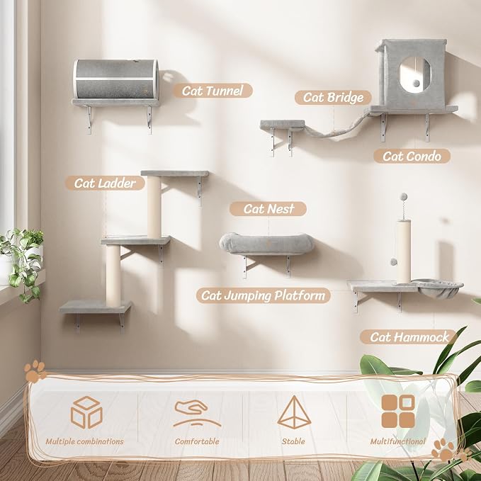 7-in-1 Cat Wall Shelves, Wall Mounted Climber Set | Cat Furniture with House, Tunnel, Bridge, Steps, Scratcher, Hammock, Shelves for Indoor, Gray - Image 2