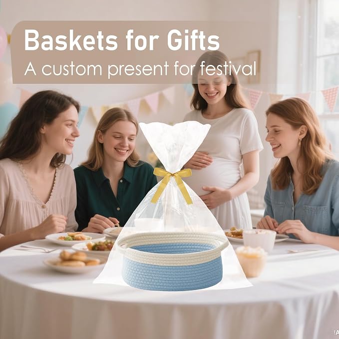 JMvicyroam Small Woven Basket, Empty Gift Basket, White&Blue/1 Pack | Small Gift Basket, Cotton Rope, 12 x 8 x 63 in, Handles, Includes Ribbon and Bag, Birthday Gift Basket - Image 5