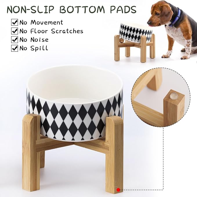 Petygooing Elevated/Raised 15°Slanted Ceramic Dog Bowl for Small and Medium Breeds, Tilted Anti Slip Pet Bowl,Food Water Dish with Stand for Cats and Dogs (28 OZ/3.6 Cups) Black Rhombus - Image 2