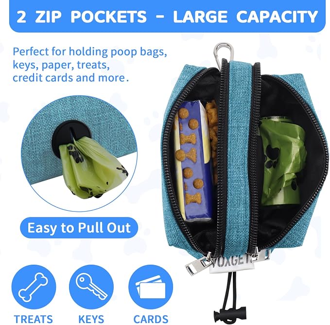 Dog Poop Bag Holder with Treat Pouch, 2 Zipper Pockets & Leash Clip | Waste Bag Dispenser with 1 Roll Poop Bags, Quick Access Treat Storage, Hands-Free Design for Dog Walking, Training & Travel - Image 4