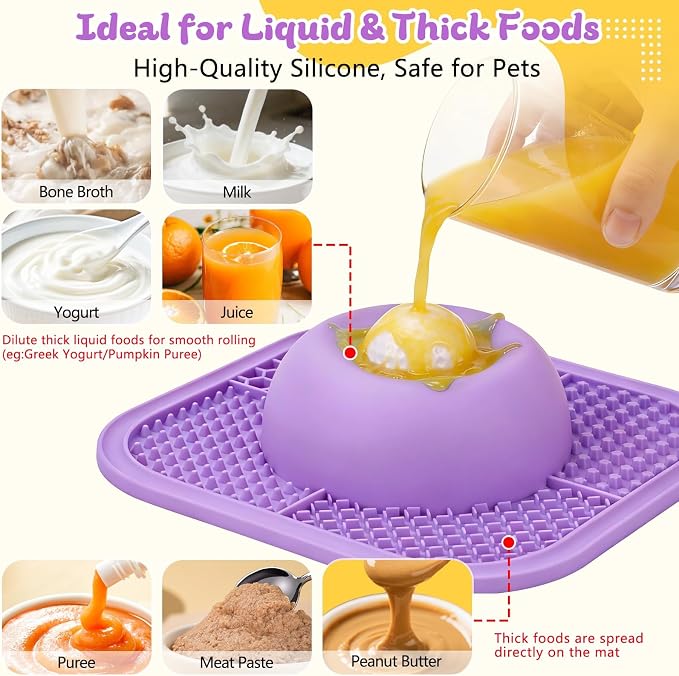 Slow Feeder Dog Bowls & Lick Mat for Liquid and Thick Treat, Anti-Slip Dog Lick Bowl with Interactive Rolling Ball, 5/6 Cup Pup Licking Toy for Large Medium Small Dogs and Cats Purple - Image 3