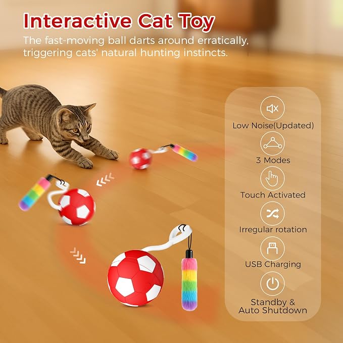 VIWIK Interactive Cat Toys for Indoor Cats, Automatic Motion Activated Kitten Ball Toy, Moving Stimulation Cat Toys for Bored Indoor Adult Cats, Low Noise Fast Rolling Moving Ball Red - Image 4