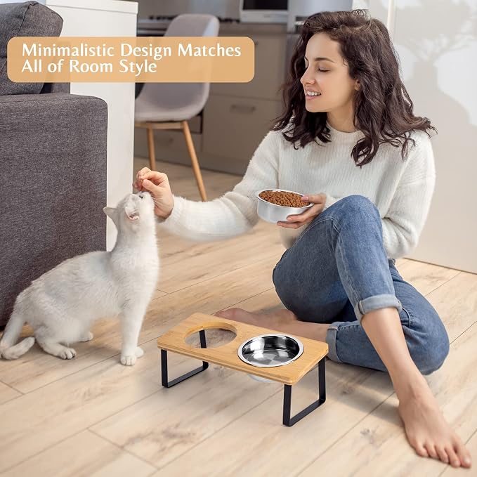 Elevated Cat Food Bowl for Indoor Cats, Raised Water Bowl Set for Kitten | Whisker Friendly, Anti Vomit, Easy Assembly, Bamboo, Dishwasher Safe, Stainless Steel, Pet Dish, Feeding Station for Puppy - Image 7