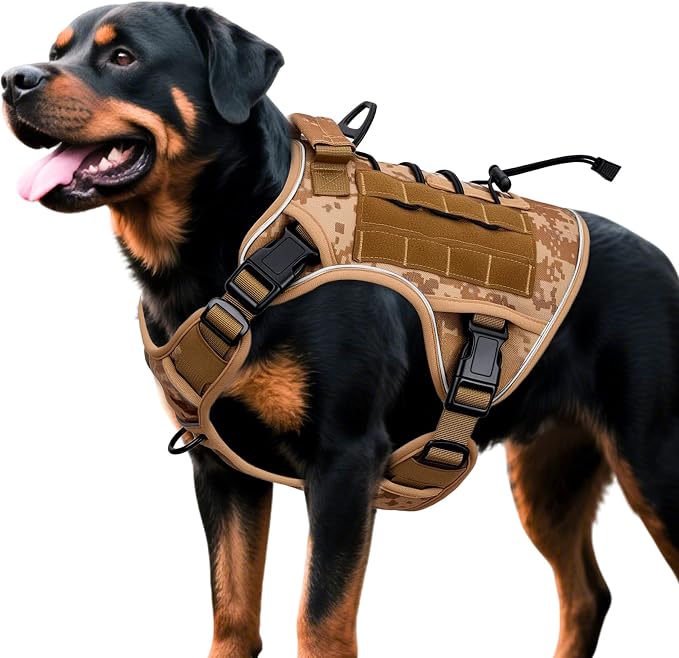 Heavy-Duty Tactical Dog Harness for Large Dogs, No Pull Adjustable Reflective Pet Vest with Molle System, K9 Military-Grade Control for Service Training, Outdoor & 10+ Breeds, Khaki Camo, X-Large by Bruvoalon