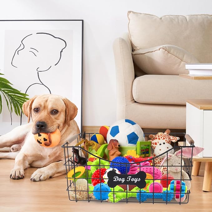 Metal Dog Toy Basket,Indestructible Dog Toy Bin with Wooden Handle,Sturdy Pet Storage Organizer,Ideal for Dog Leash,Blanket,Snacks-15.1 (L) x 10.7 (W) x 7 (H) inches - Image 7