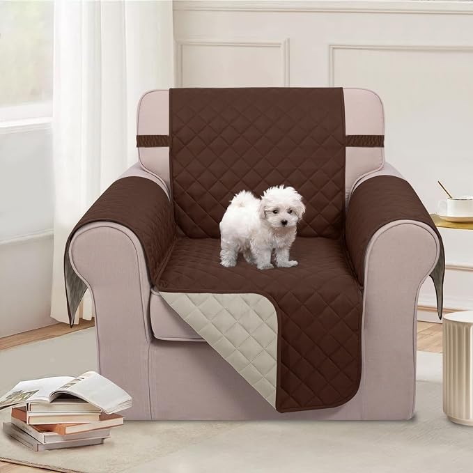U-NICE HOME Reversible Recliner Chair Covers, Brown/Beige | 23''Armchair Cover for dogs Washable, Pet Friendly, Elastic Straps, Water Repellent, Diamond Quilted - Image 2
