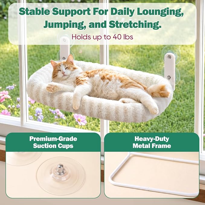 Zakkart Mellow Foldable Cat Window Perch, Upgraded Suction Cups (Beige, M) | Curtain-Friendly, Dual-Fabric Striped Machine Washable Bed, Heavy Duty ABS & Metal Frame, Hold up to 40 lbs., 22.8"W x 15.5"D - Image 5