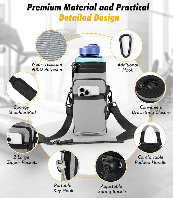 Nuovoware Magnetic Gym Bag, 40oz, Water Bottle Carrier Holder, Gray | Adjustable Shoulder Strap, Magnets Magnetic Gym Bag, Bottle Pouch Sling, 2 Pocket, Neoprene Organizer Sleeve - Image 3