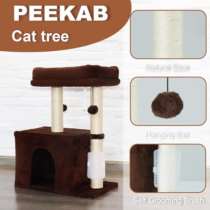 PEEKAB Small Cat Tree Tower,Scratching Post with Condo and Perch for Indoor Cats and Kittens,with Dangling Ball Massage Brush,Brown - Image 2