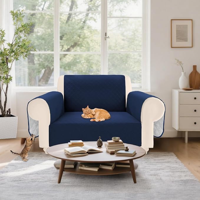 Velvet 100% Waterproof Chair Covers for Living Room Sofa Armchair Cover Washable Couch Arm Chair Slipcovers for Dogs Non Slip Quilted Furniture Protector with Pockets (Small, Navy) - Image 7