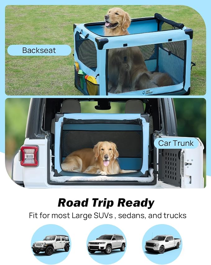 JOYTUTUS Collapsible Dog Crate, 38 Inch Portable Pet Crate for Car, Travel Dog Kennel Foldable Dog Crate for Large Dog 70lbs, Soft Cat Carrier Fit for Indoor & Outdoor/Trunk (Blue) - Image 4