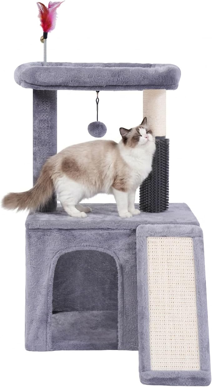 Cat Tree with Self-Grooming Brush and Interactive Toys, Cat Tree Tower for Indoor Cats, Cat Tower with Sisal Scratching Post and Scratching Pads, Cat Condo with Padded Perch, Grey by Unknown