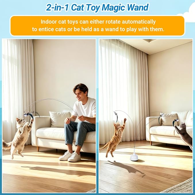 Interactive Cat Toys for Indoor Cats Toy Wand 360° Flying Bird Cat Toy | 2 Speed Adjustable Flying Bird Cat Toy Automatic Cats Toys with Self ON/OFF Feather Toy Suction Cup Electric Cat Teaser Wand - Image 2
