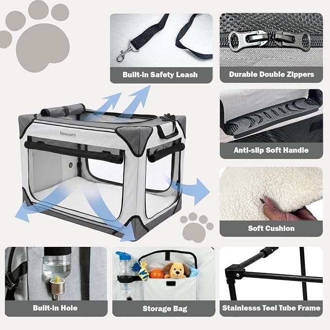 Collapsible Soft Dog Crate 42 Inch, Portable Travel Pet Crate for Extra Large Dogs with 4-Door Mesh, XL Dog Kennel Indoor & Outdoor, Light Grey - Image 5
