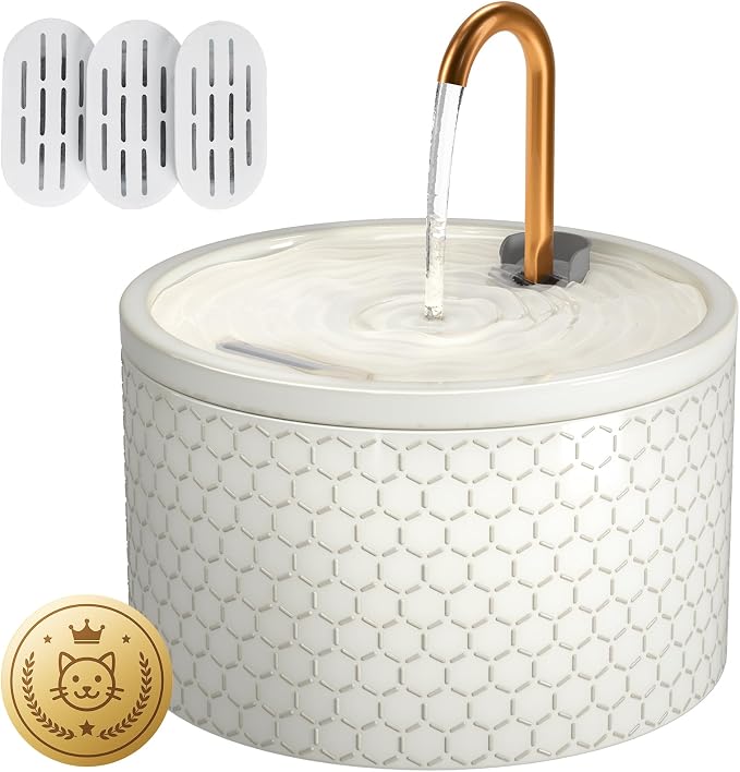 DOOOB Ceramic Cat Water Fountain, 2.1L/71oz Cat Fountain | Automatic Ceramic Water Fountain for Cats, Pet Fountain with Ultra-Quiet Pump and 3 Filters & 3 Sponges (Honeycomb Embossed) by dooob