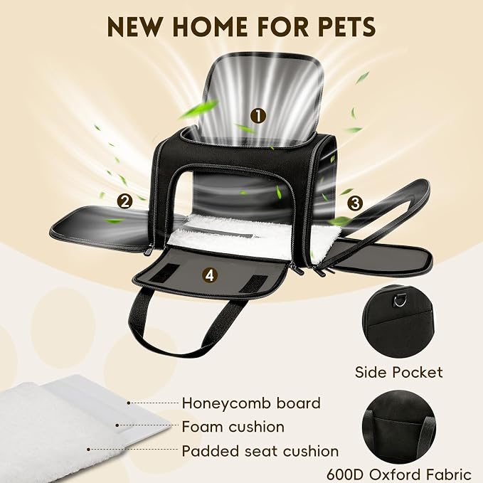 Cat Carrier Soft, Dog Carriers for Small Dog/Large Cat (Up to 16lb) | with High Breathability, Shoulder Strap, Waterproof Mat, Pet Carrier Airline Approved, for Home Outdoor Travel (Black) - Image 3