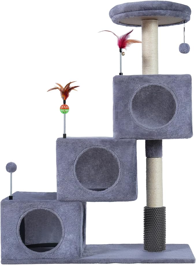Cat Tree Tower for Indoor Cats 12lbs, Cat Tree with 3 Spacious Cat Houses & Condos, Full Sisal Scratching Posts and Cat Scratcher Toys，Grey by ROYPET