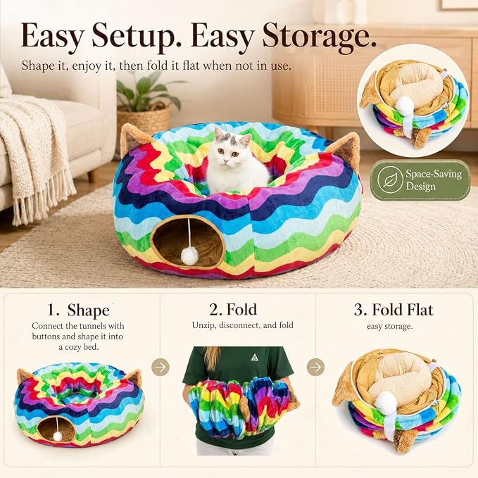 Large Cat Tunnel Bed Under Christmas Tree with Fluffy Toy Balls, Small Cushion and Flexible Design- 10 inch Diameter, 3 ft Length- Great for Cats, and Small Dogs, Rainbow Wave Color - Image 6