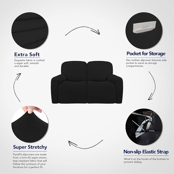 PureFit Super Stretch Loveseat Recliner Sofa Couch Cover with Pocket | 2 Seats Non Slip Soft Sofa Slipcover, Washable Reclining Furniture Protector for Kids, Pets (Recliner Loveseat, Black) - Image 3