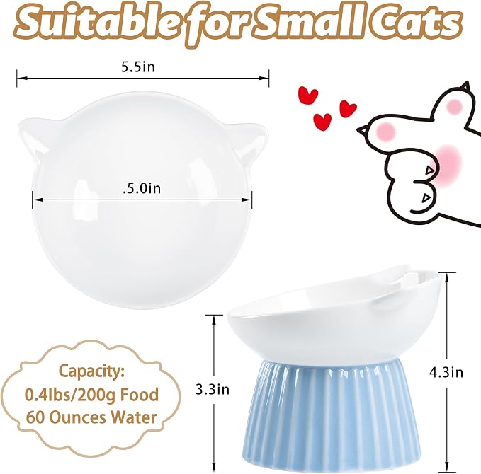 Ceramic Raised Cat Bowl，Tilted Raised Cat Bowl Anti Vomit Cat Bowls for Indoor Cats Whisker Friendly Pet Feeder for Cats Puppies, Microwave and Dishwasher Safe, Blue - Image 2