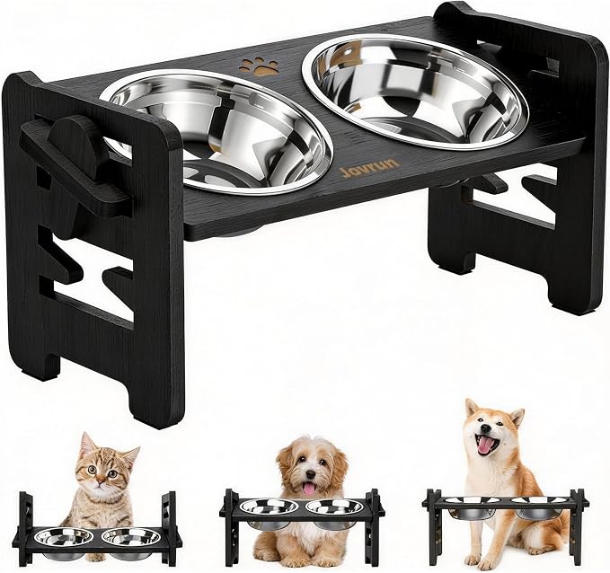 Jovrun Elevated Dog Bowls, Adjustable Raised Dog Bowl Stand for Small Size Dogs and Cats, 15°Tilted Elevated Cat Bowls, Durable Bamboo Dogs Feeder with 2 Stainless Steel Bowls and Non-Slip Feet by Jovrun