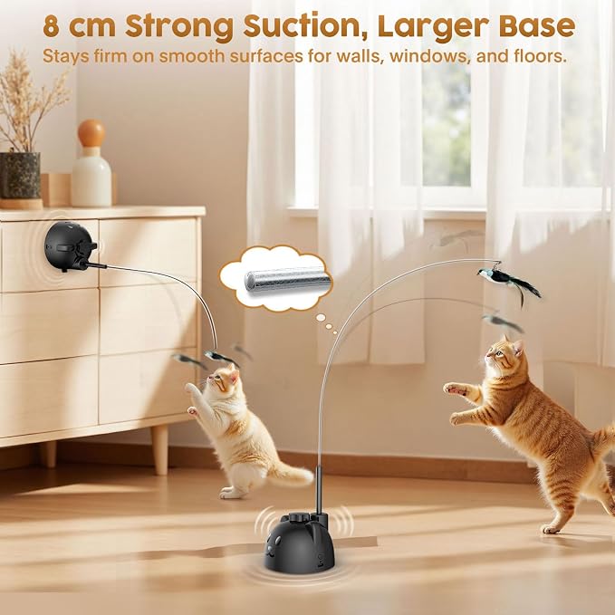 Interactive Cat Toys for Indoor Cats, 360° Automatic Spin Flying Bird Wand | 8cm Suction Cup & Weighted Base, Silicone-Protected Rod, USB Rechargeable with Replaceable Feather & Streamer Attachments - Image 2