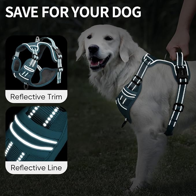 HEELE Dog Harness for Large Dogs No Pull Dog Vest Harness for Large Dog with Soft Padded Handle Reflective for Outdoor Training, Blackish Green, XL | Front Clip for Large Dog Harness, 2 Metal Rings with Handle, Adjustable, Soft Breathable Padded Pet Ve... - Image 3