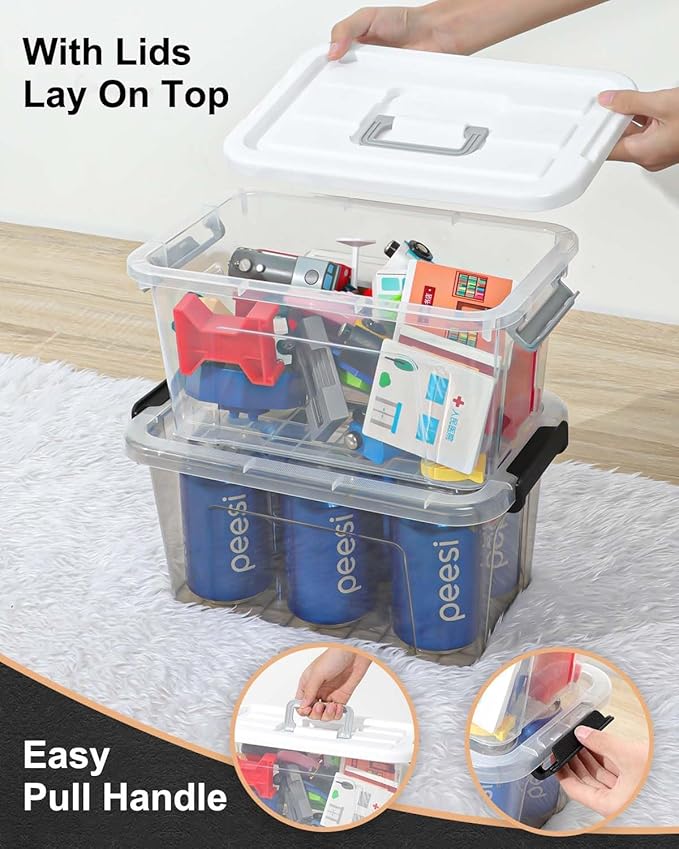 NUMIFUN Plastic Storage Bins With Lids 6 Pack Storage Organizer Bins, 7 Quart Stackable Storage Bins with Lids and Black Handle Buckle Easy for Home Office Organization, White - Image 4