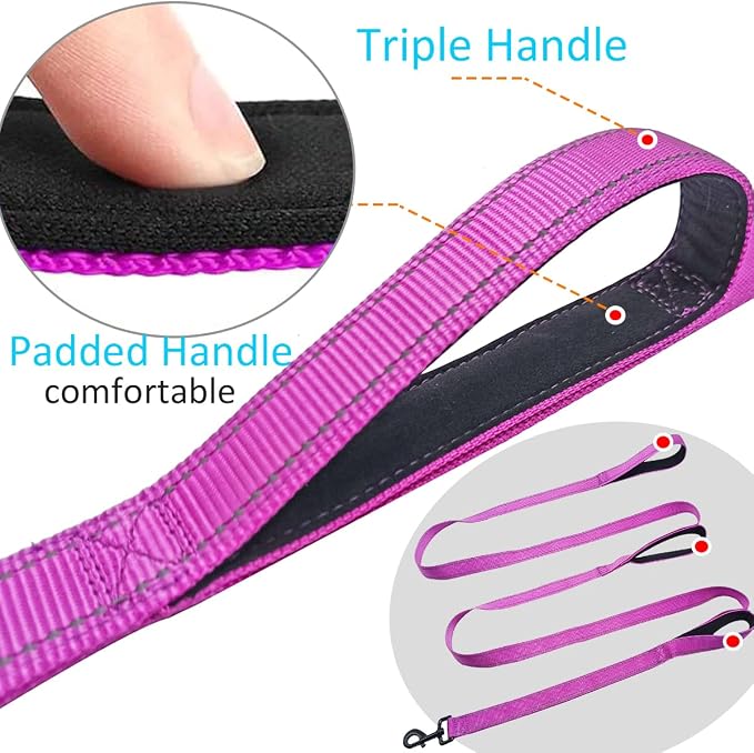 3 Handle Dog Leash 10FT Triple Handle Reflective Large Medium Dog | Multi Handles Heavy Duty Training Lead with Padded Traffic Handles for Control and Safety-Purple - Image 2