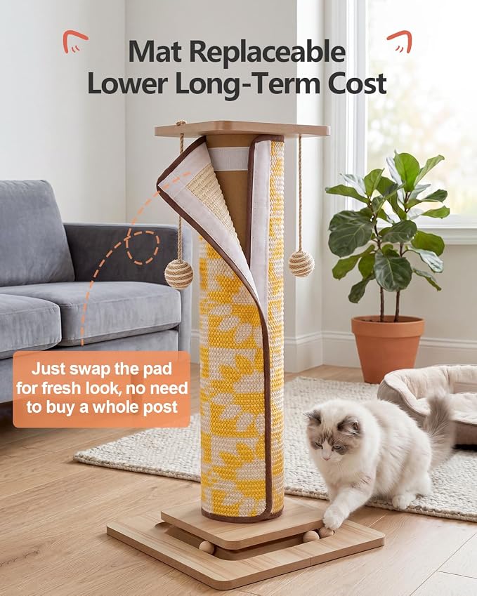 Odoland 31" Tall Large Cat Scratching Post with Replaceable Scratcher Pad | Natural Sisal, Solid Wood Base, Sturdy Durable Replaceable Pad, Interactive Track, Top Perch, Indoor Adult Cats Kitten - Image 3
