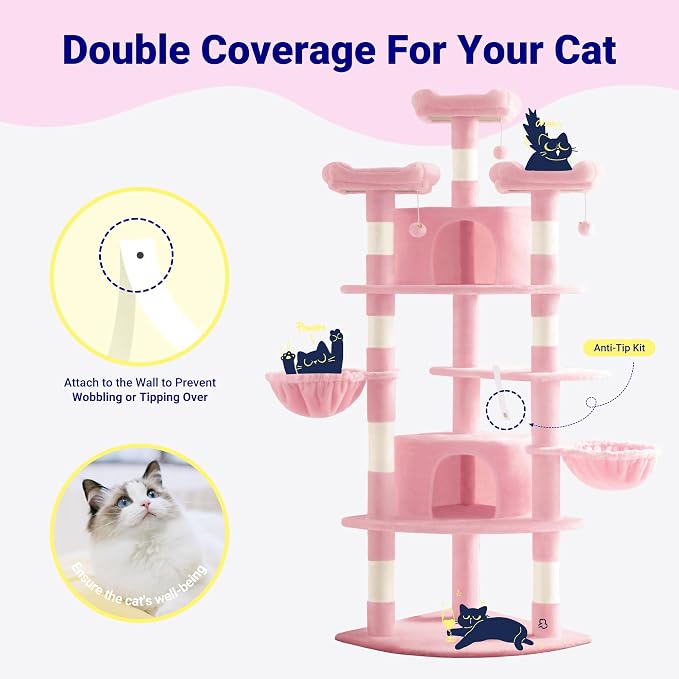 Allewie 73in Fan-Shaped Space-Saving Corner Cat Tower/Multi-Level Tall Cat Tree for Indoor Kitties/Cozy Baskets/Condos/House/Perches/Sisal Scratching Posts/Pet Activity Center/Pink - Image 3
