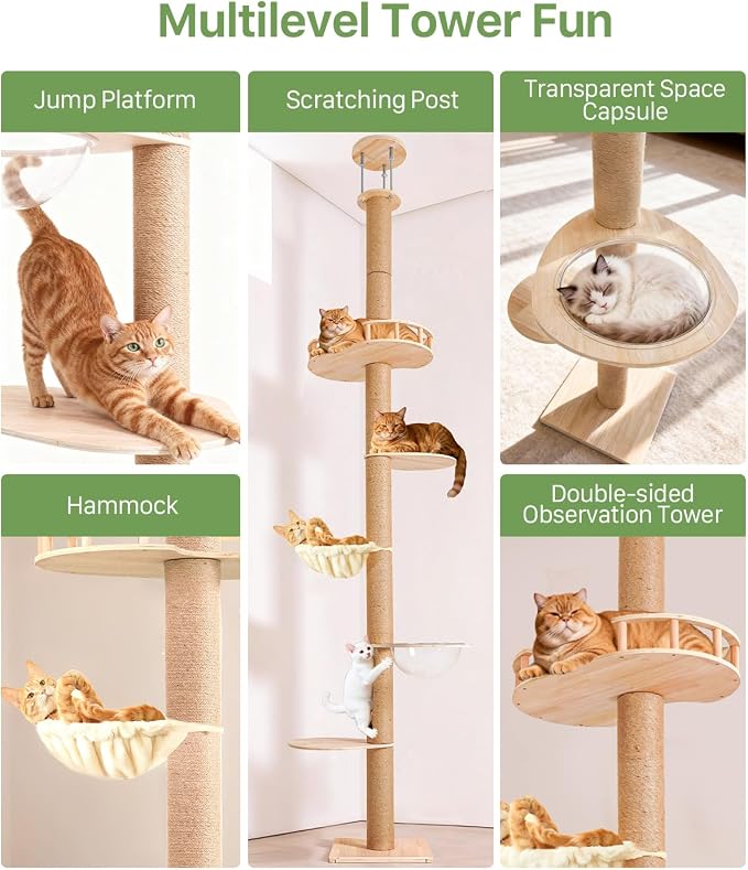 5 Level Floor to Ceiling Cat Tree,50-120in Adjustable Height Tall Cat Tower | Space-Saving Design, Heavy Duty Plywood Cat Pole with Jump Platform, Hammock & Capsule - Image 4