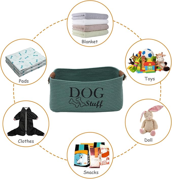 Geyecete Square Dog toy basket storage Cotton Rope Storage Basket Pet/Pet Toy And Accessory Storage Bin Doy Toy Box-Green - Image 3
