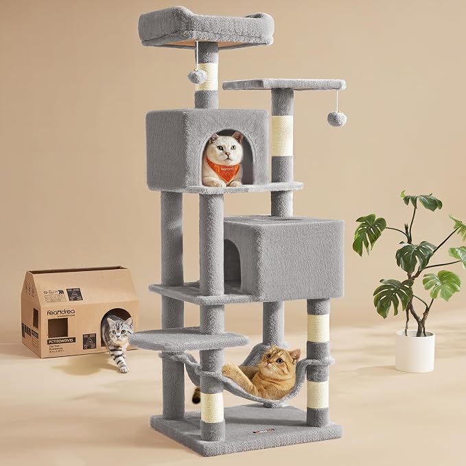 Feandrea Cat Tree, 59.5-Inch Tall Cat Tower, Plush Multi-Level Condo with 5 Scratching Posts, 2 Perches, 2 Caves, Hammock, 2 Pompoms, Light Gray UPCT192W01 by FeandreabySONGMICSHOME
