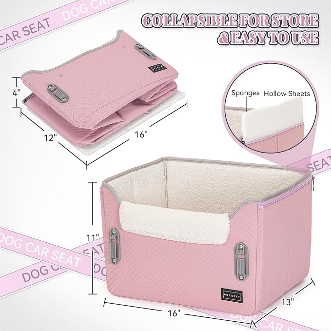 PETSFIT Dog Car Seats for Small Dogs, Portable Puppy Car Saet for Car with Clip-On Leash, Adjustable Straps Suitable for Small Pets Up to 25lbs (Light Pink) - Image 8