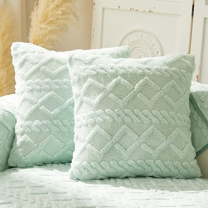vctops Pack of 2 Geometric Jacquard Plush Throw Pillow Covers for Couch Bed Sofa Farmhouse Neutral Solid Color Soft Cushion Covers (Green,18"x18") by vctops