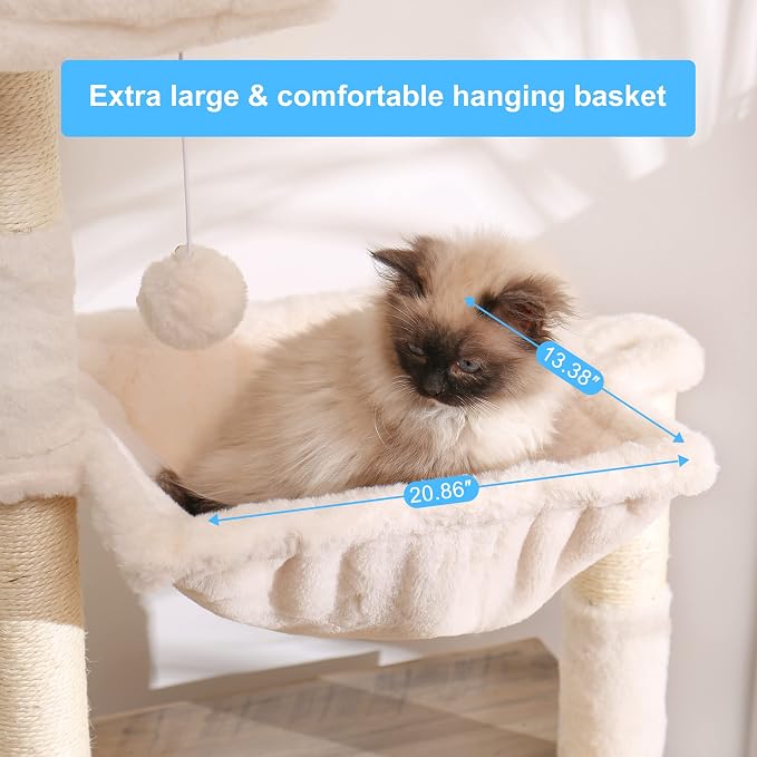 Hey-brother Cat Tree Tower, Litter Box Enclosure, Food Station, MPJ100SG | 47.24 Inches Wooden All-in-one Cat House, Large Hammock, Bed, Scratching Posts, Modern Style for Indoor Cats, Rustic Gray - Image 4